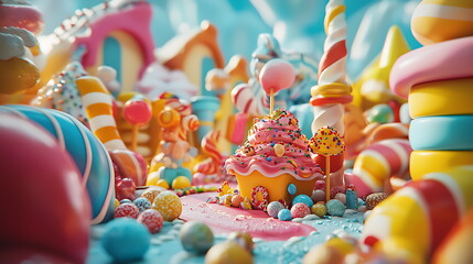 A whimsical journey through a colorful candy landscape featuring a delightful cupcake centerpiece surrounded by sweet treats