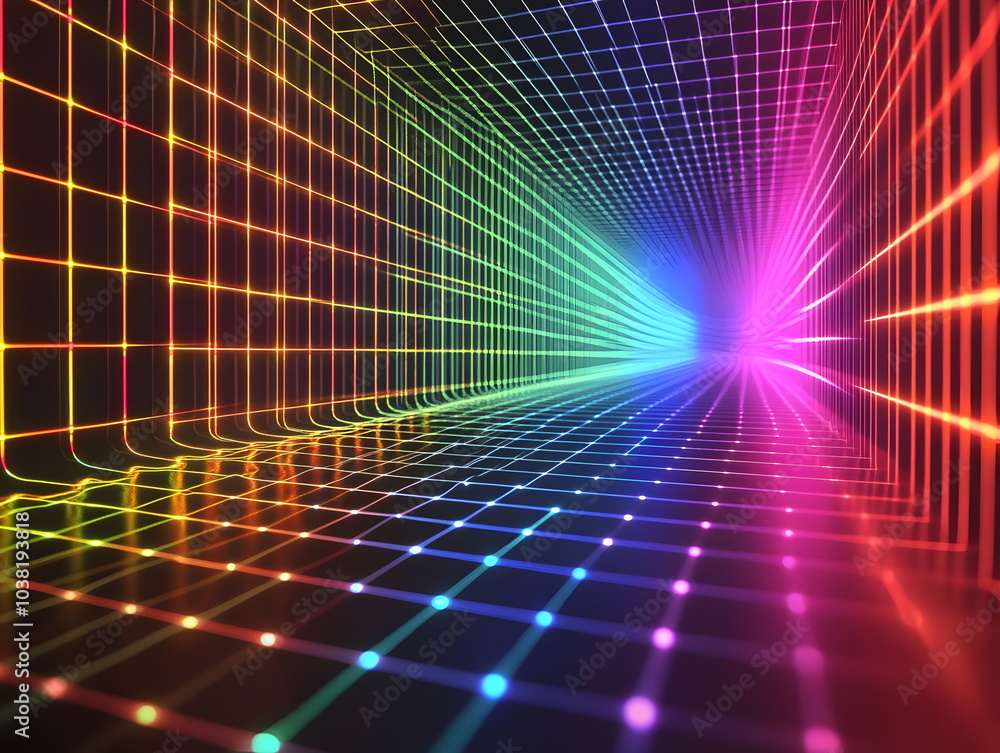 Poster immerse yourself in a vibrant neon tunnel a journey through colorful grids and dynamic light effects