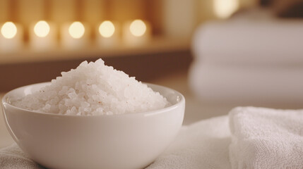 Sea Salt in White Bowl with Gentle Lighting for Spa Ambiance