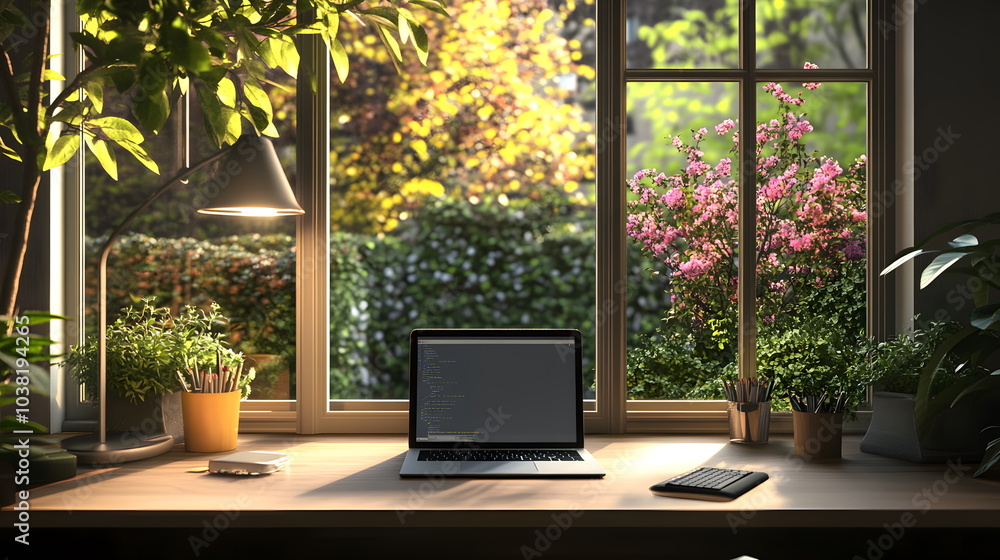 Poster creating a serene and productive workspace embracing nature with plants and natural light for enhanc