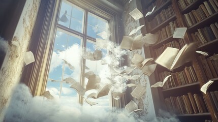 Surreal scene of book pages flying out, representing imagination.