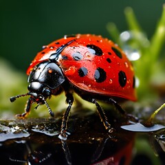 Obraz premium macro of a ladybug (Coccinella septempunctata), revealing the fine texture of its bright red shell and black spots