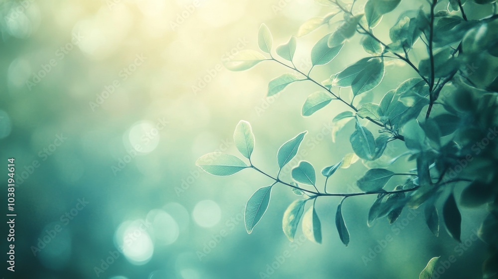 Poster dreamy green. fresh plant branch with bokeh light and tranquil vibes