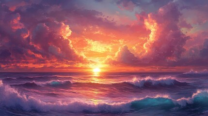 Fototapeta premium Vibrant sunset with colorful clouds and waves, creating a serene and artistic landscape.