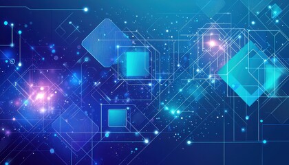A vibrant abstract digital background featuring geometric shapes and glowing particles, ideal for tech-related designs.