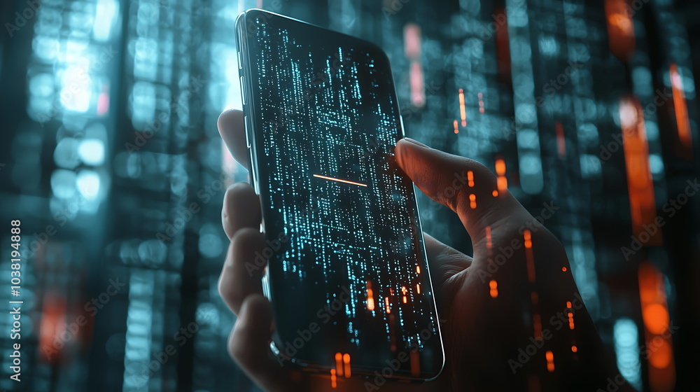 Poster Exploring the intersection of technology and data a hand holding a smartphone displaying digital code in a futuristic environment