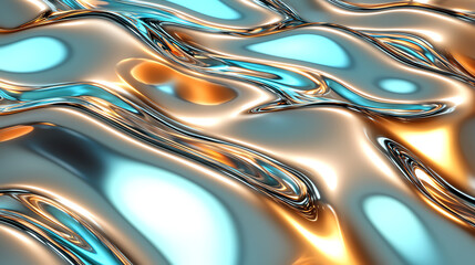 Obraz premium Shimmering liquid metal with golden and turquoise highlights, abstract and fluid surface, rippling reflections with glowing warm and cool light, high-quality 3D texture