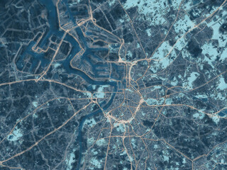 Painterly Style City Map of Antwerpen Metropool, Belgium in a Blue Color Scheme.