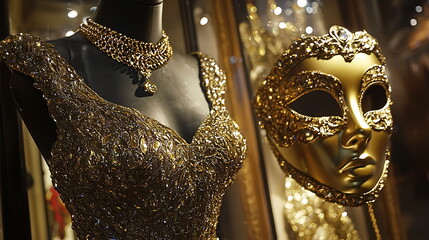 Exquisite golden dress and mask display a dazzling showcase of elegance and glamour perfect for festive celebrations and special occasions
