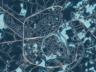 Painterly Style City Map of Lier, Belgium in a Blue Color Scheme.