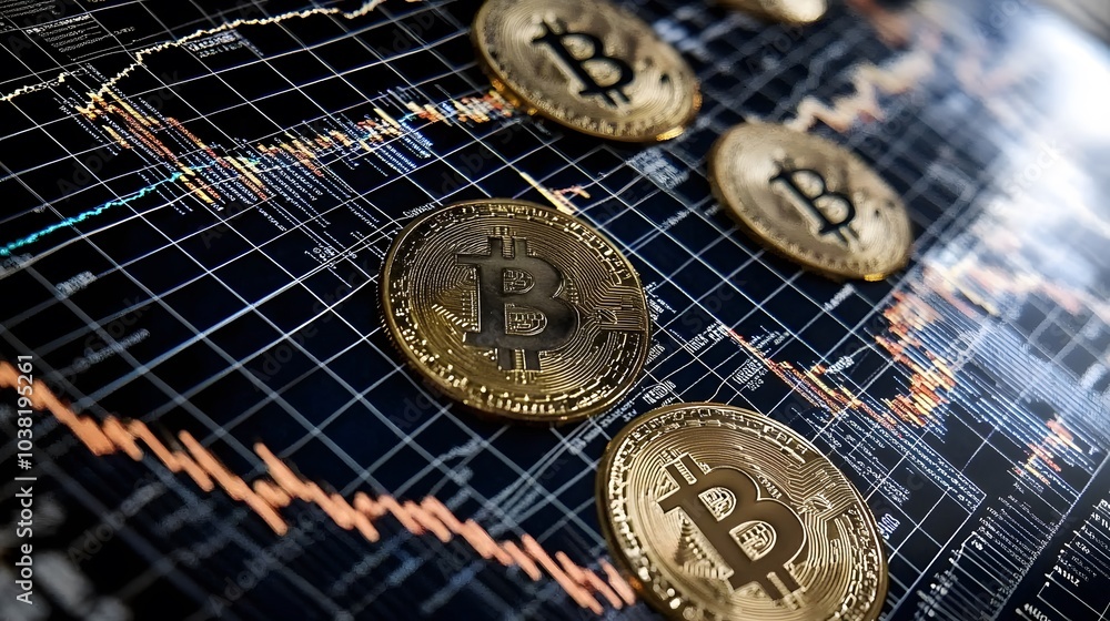 Poster A digital display showing rising cryptocurrency values during a national financial summit, with stock charts and graphs on multiple screens