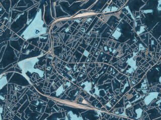 Painterly Style City Map of La Louviere, Belgium in a Blue Color Scheme.