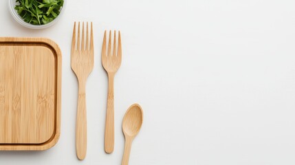 Eco-Friendly Bamboo Utensils and Wooden Tray on White Background Promoting Zero Waste Lifestyle and Sustainable Living