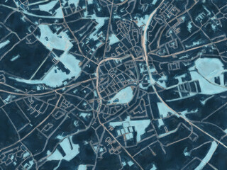 Painterly Style City Map of Tongeren, Belgium in a Blue Color Scheme.