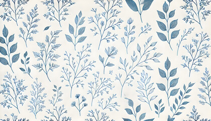 手描きのボタニカル模様、ブルーの枝と葉のシームレスパターン

