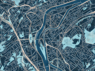 Painterly Style City Map of Liege Centre, Belgium in a Blue Color Scheme.