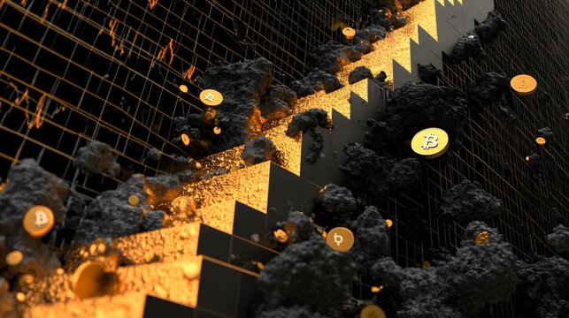 An abstract visualization of cryptocurrency trends climbing higher in the financial market at a fintech conference
