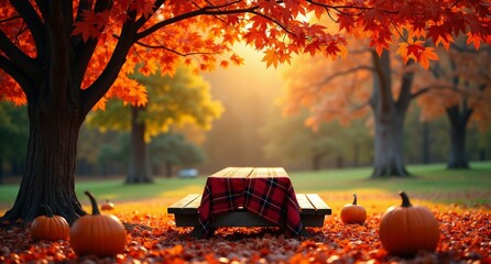 An autumn park scene with vibrant red and orange leaves swirling above a picnic table covered in a plaid cloth, surrounded by pumpkins and golden sunlight peeking through bare branches.