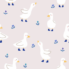 ducks with blue boots and flowers  seamless pattern on gray background ,vector illustration