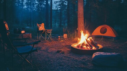 A cozy camping setup by a crackling bonfire, Camping gear arranged around a flickering fire, Evening warmth style