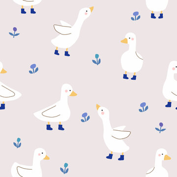 ducks with blue boots and flowers  seamless pattern on gray background ,vector illustration