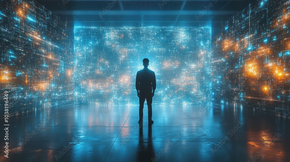 Poster a stunning view of a man in the metaverse with generative ai technology