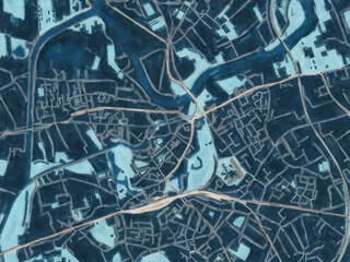 Painterly Style City Map of Dendermonde, Belgium in a Blue Color Scheme.