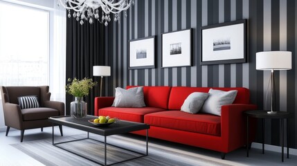 Modern living room design featuring striking red sofa and elegant decor elements for contemporary spaces