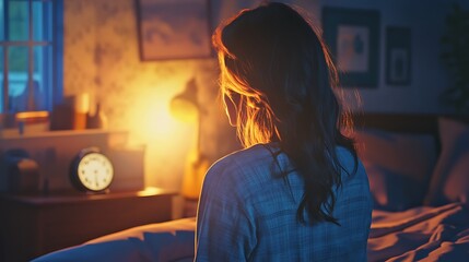 Woman sitting in bed, looking at a lit lamp, in a dark room.