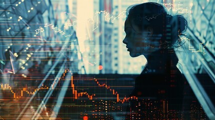 Dynamic double exposure of a career driven woman climbing stairs against a cityscape and forex chart