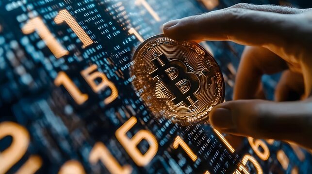 A businessman using augmented reality to demonstrate cryptocurrency trend growth during a blockchain summit