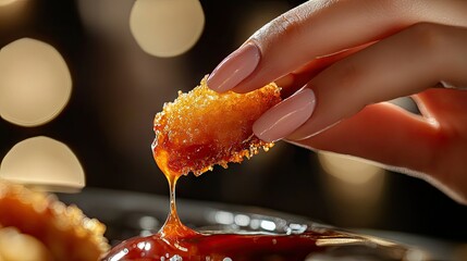 A woman's fingers holding a crispy nugget, dipping it into a rich barbecue sauce, with close-up detail showing sauce dripping off. --chaos
