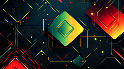 Abstract digital pattern with neon green, yellow, and red squares on a dark background.