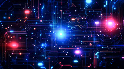Fototapeta premium Abstract futuristic glowing circuit board with red and blue lights.