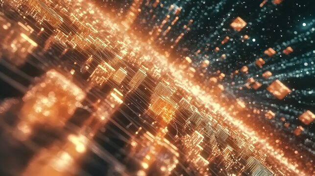 Abstract arrows pointing skyward, crossing paths with virtual coins representing high returns at a global investment expo