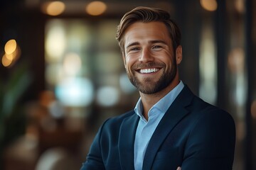 Obraz premium Confident Businessman Portrait with Bright Smile and Natural Lighting.