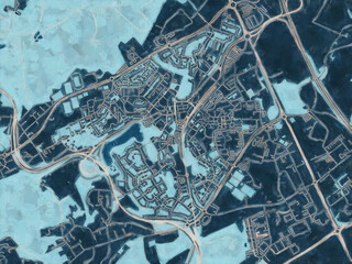 Painterly Style City Map of Louvain-La-Neuve, Belgium in a Blue Color Scheme.