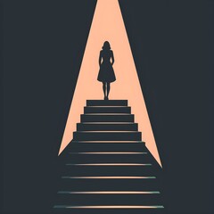 Silhouette of a woman ascending illuminated stairs