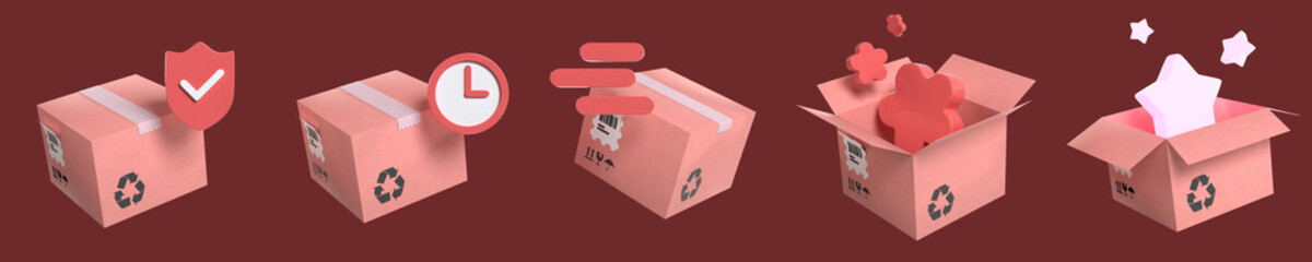 Set of Red Parcel Box, Cardboard Box 3D Illustration for Customer Delivery, Online Shopping, Ecommerce