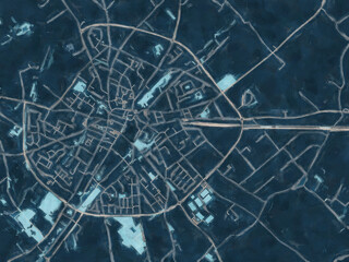 Painterly Style City Map of Poperinge, Belgium in a Blue Color Scheme.