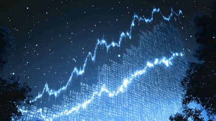A glowing line graph climbing through abstract data streams, representing financial gains at an investment summit