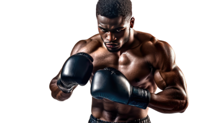 A strong female boxer in gloves showcasing her athleticism and power during a competitive fight