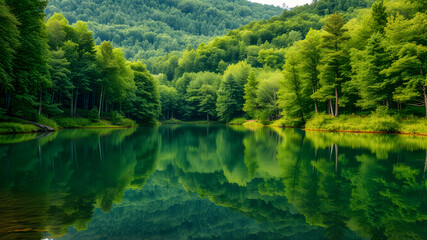 Beautiful mountain lake in forest. Tranquil calming nature panorama, perfect water surface and reflections. Green forest trees, spring summer natural travel, freedom background. AI generated