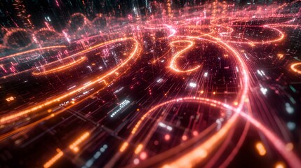 Fototapeta premium Arrows and currency symbols rising through a glowing digital field, symbolizing exponential growth at a fintech summit