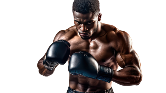 A strong female boxer in gloves showcasing her athleticism and power during a competitive fight