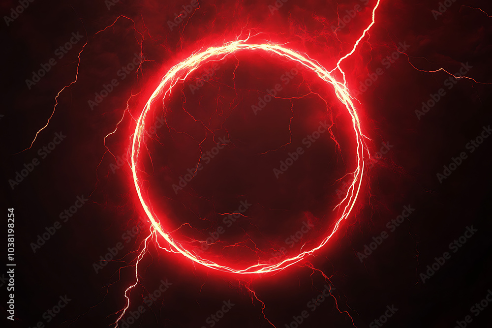 Poster a glowing red circular design with lightning effects against a dark background.