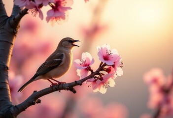 Delicate Nightingale Amidst Cherry Blossoms: Capturing the Beauty of Dawn's First Light and Nature's Harmony