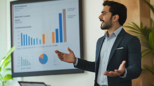 An Indian Chief Financial Officer (CFO) presenting a financial performance review to stakeholders or a board.