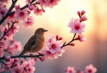 Fototapeta premium Nightingale on Cherry Blossom Branch: A Serene Dawn Scene with Pink Petals and Gentle Light