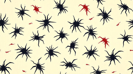 Abstract seamless pattern with black stars and red splatter on beige background.